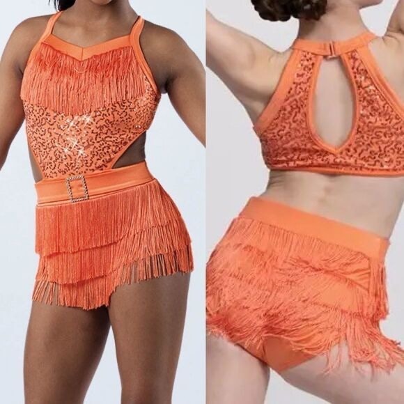 Weissman Dresses & Skirts - Weissman Dance Costume Fringe Sequin Halter Bodysuit Dress Small Adult SA